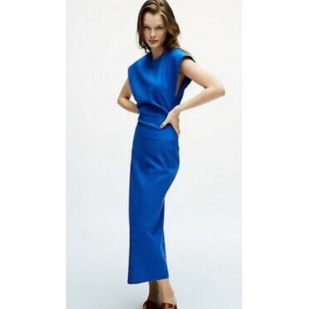 ZARA bloggers favourite  Blue Linen Blend Dress LIMITED EDITION Size large